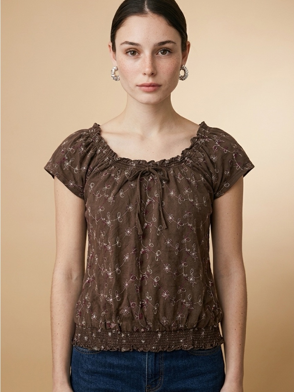 Thyme Maternity Brown Embroidery Floral Smocked Tie-Front Stretch Blouse-L